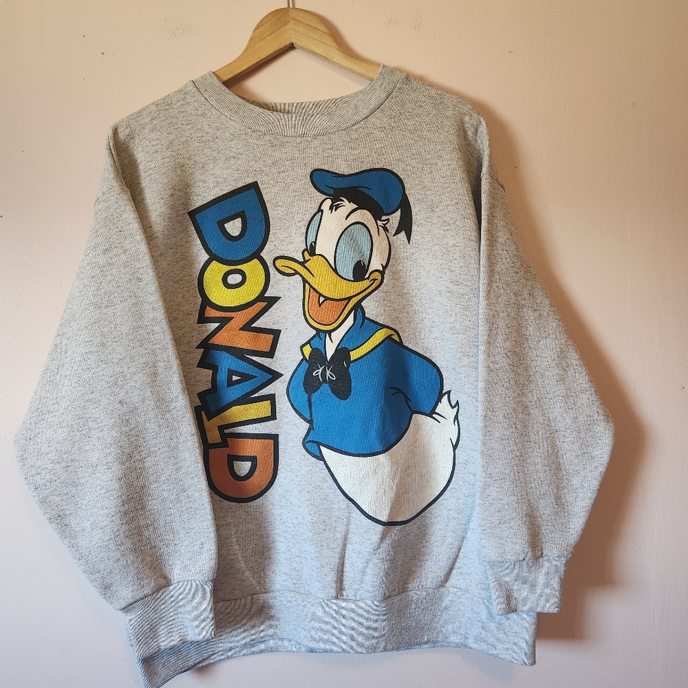 Vintage 80s Disney Donald Duck Crewneck Sweatshirt Double Sided Mirror Print L